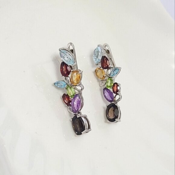 Vintage Boho Sterling Silver Colourful Rainbow Crystal Flower Drop Long Earrings - Picture 10 of 10